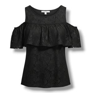 Libby. Edelman women's black cold shoulder short sleeve lace lined Blouse